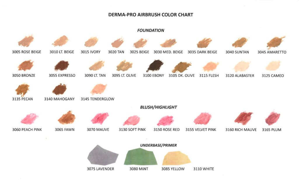 Derma-Pro Mortuary Cosmetics Airbrush Foundation & Blush/Highlight Color Chart